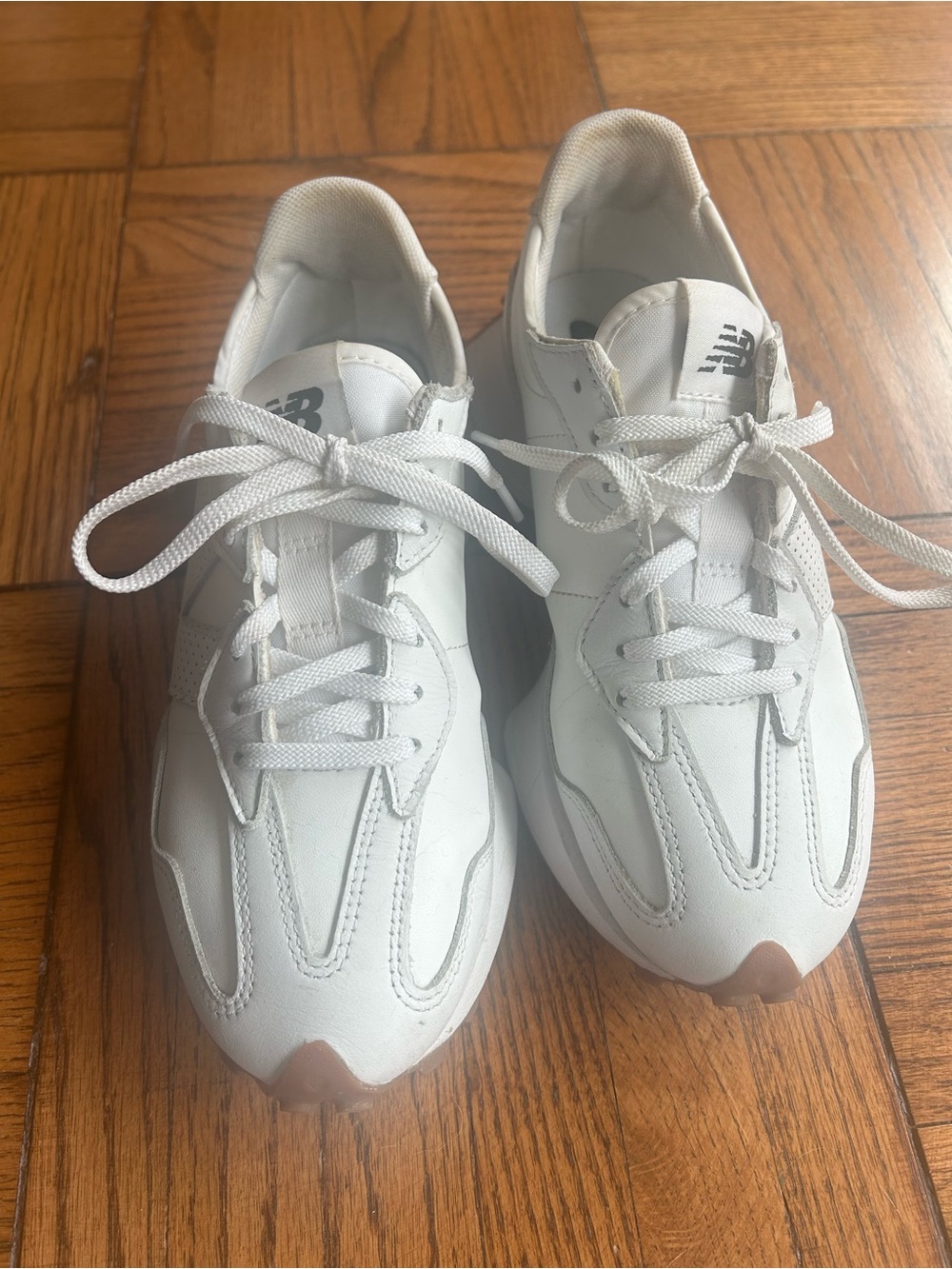 New Balance Women’s 327 White Leather Sneakers with Gum Sole